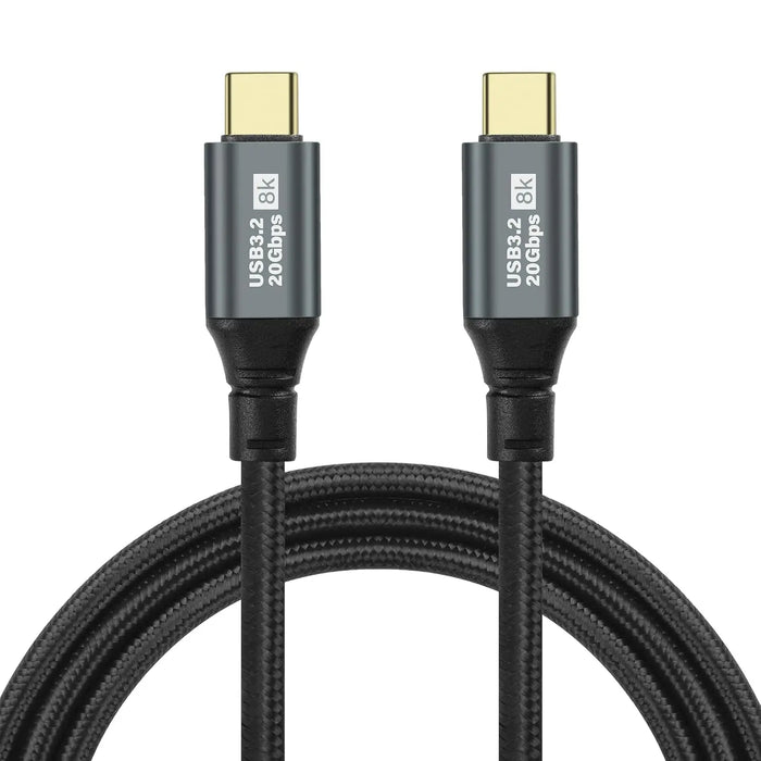 Câble USB-C vers USB-C tressé, connecteurs marqués USB 3.2 20 Gbps 8K, gros plan
