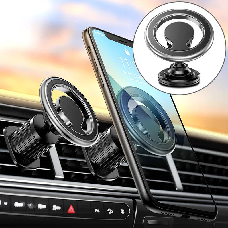 Support voiture MagSafe magnétique fixé sur la grille d'aération, maintenant un smartphone