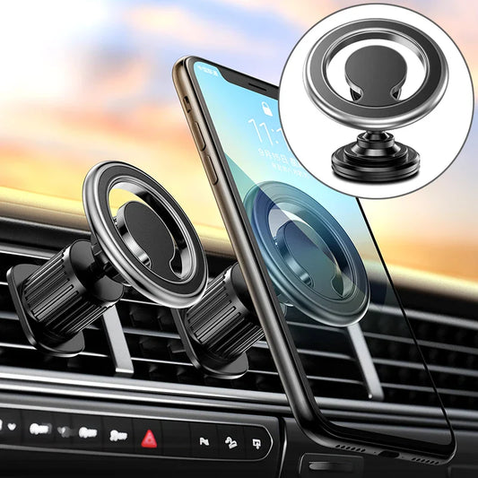 Support voiture MagSafe magnétique fixé sur la grille d'aération, maintenant un smartphone