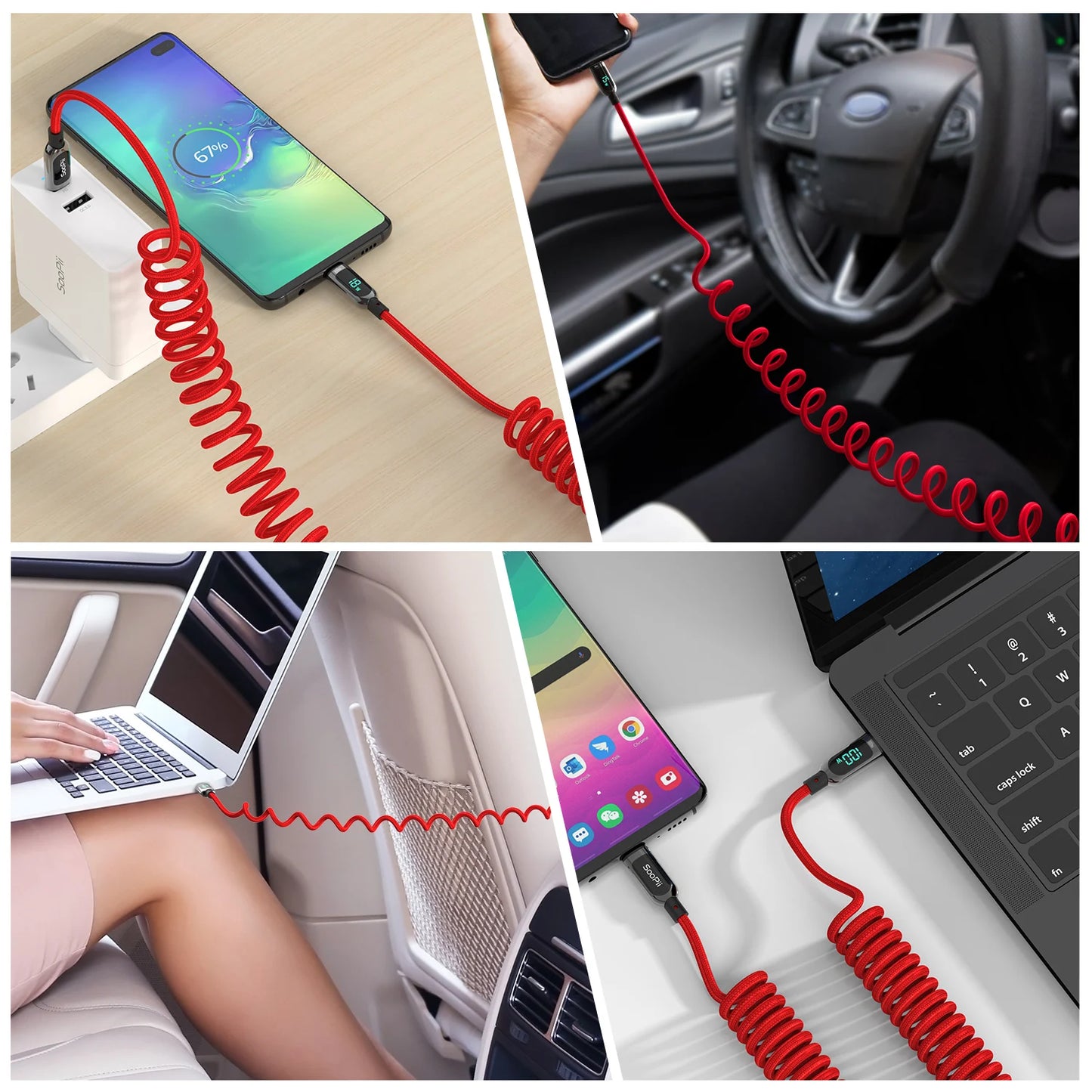 Câble Spiralé SooPii USB-C 100W 2m — Nylon Tressé, Écran LED