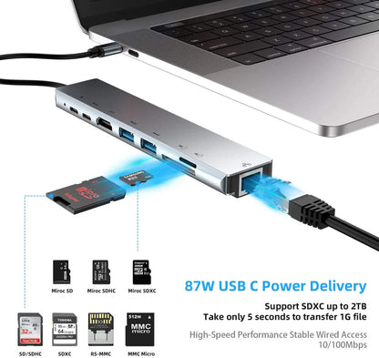 Hub USB-C 8-in-1 — HDMI 4K, PD 100W, Ethernet, USB 3.0