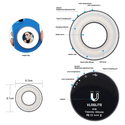 Anneau Lumineux Clip Selfie — Ring Light Rechargeable 3 Modes