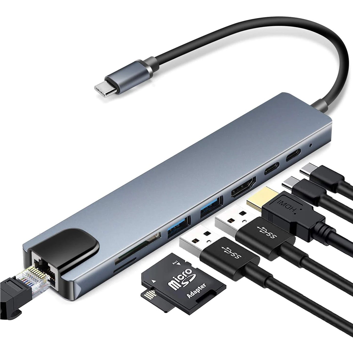Hub USB-C 8-in-1 — HDMI 4K, PD 100W, Ethernet, USB 3.0