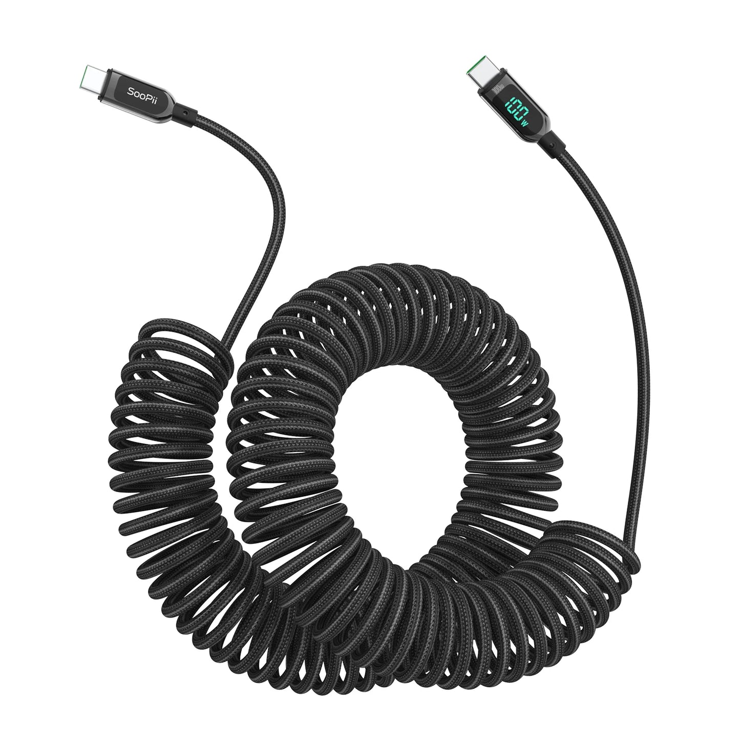Câble Spiralé SooPii USB-C 100W 2m — Nylon Tressé, Écran LED