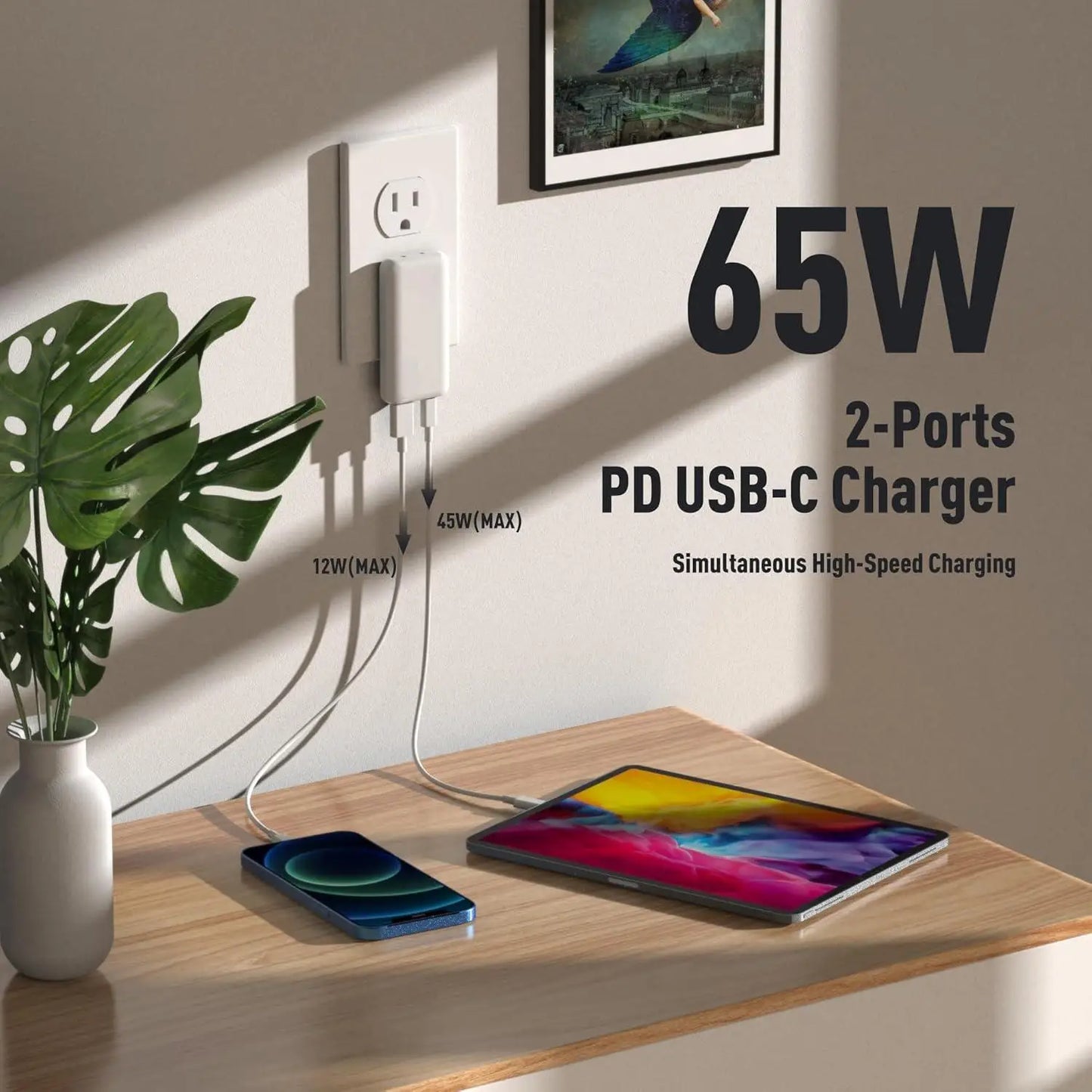 Chargeur GaN 65W 2 ports USB-C charge simultanée iPhone iPad