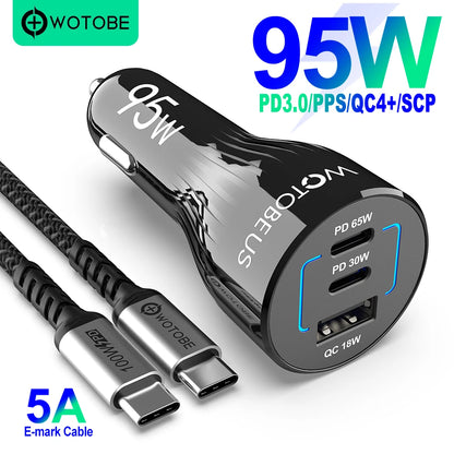 Chargeur Allume-Cigare USB-C 95W — 3 Ports, Charge Rapide