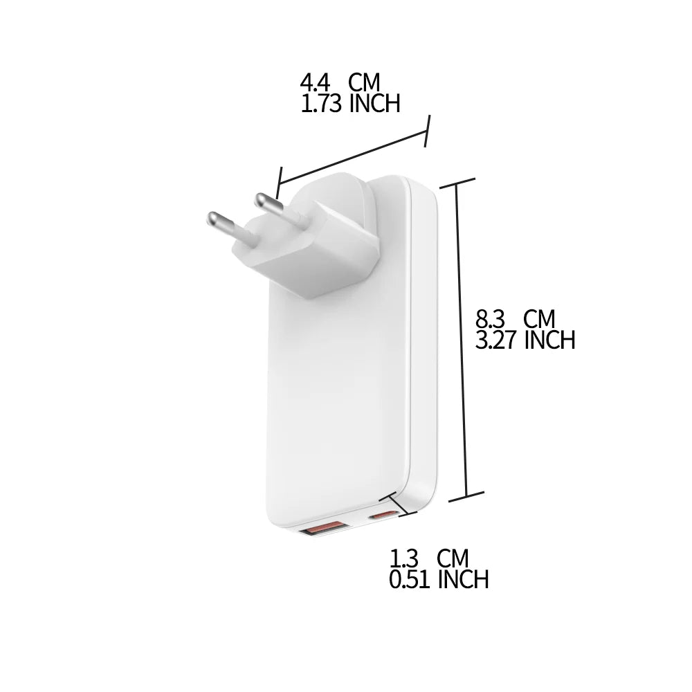 Chargeur GaN 65W ultra-compact dimensions avec prise EU