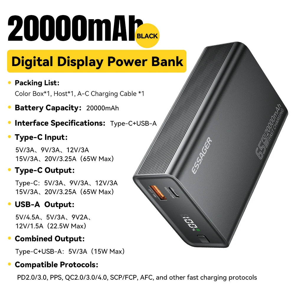 Batterie Externe Essager 20000mAh PD 65W — Charge Rapide