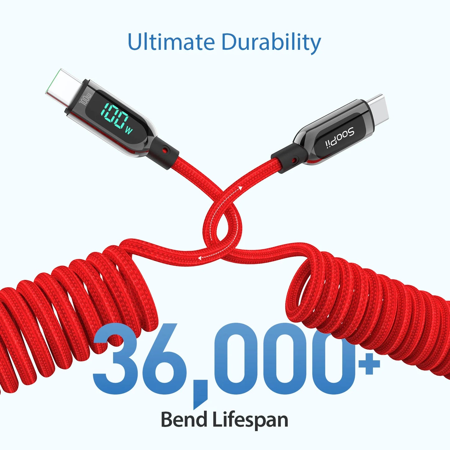Câble Spiralé SooPii USB-C 100W 2m — Nylon Tressé, Écran LED